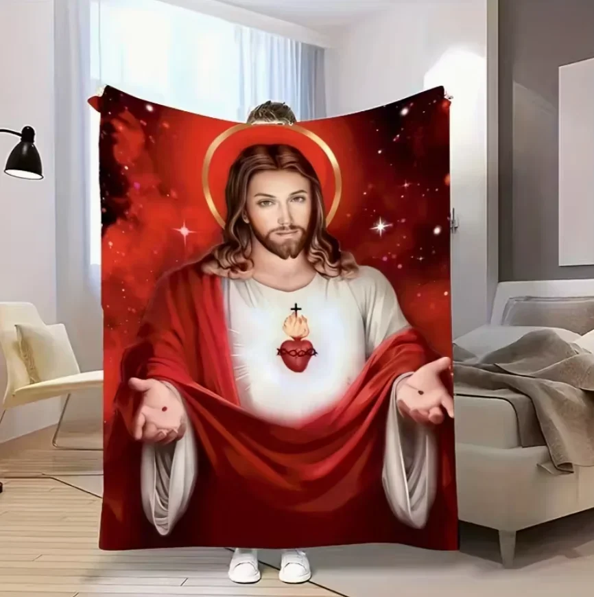 Jesus Flannel Blanket] Warm and Comfortable Sacred Jesus Sacred Heart Flannel Blanket | Religious Theme Blankets