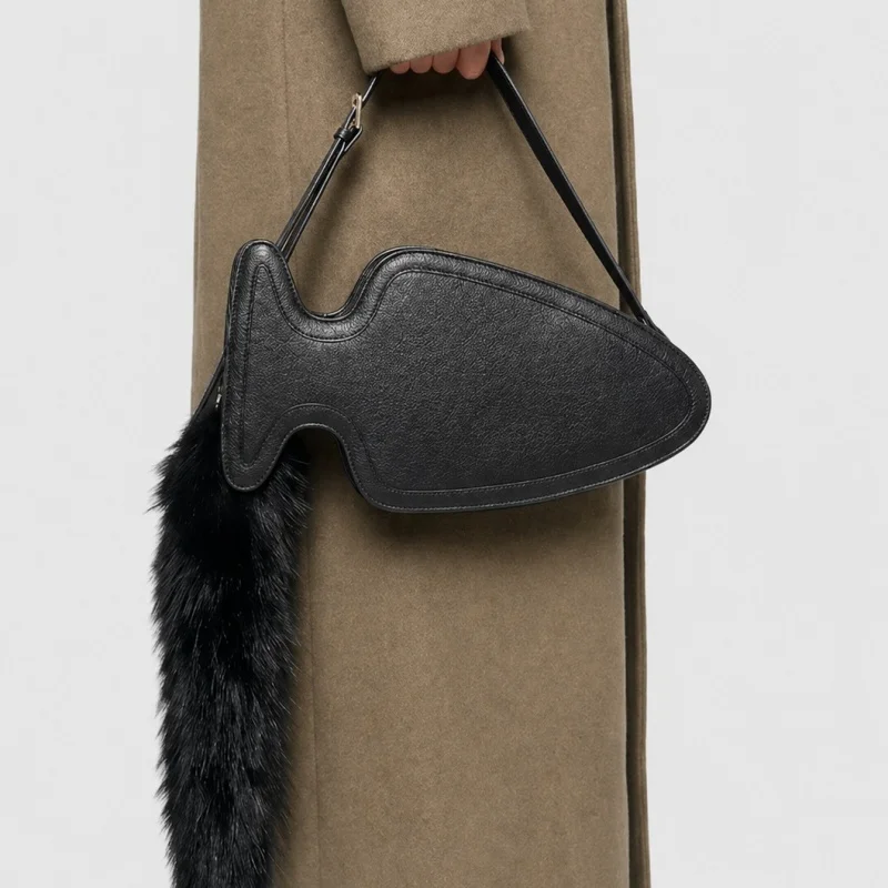Unique Design Fish Shaped Crossbody Bag With Plush Tail Single Shoulder Bag Female Creative Handbag Wasteland Style Armpit Bag