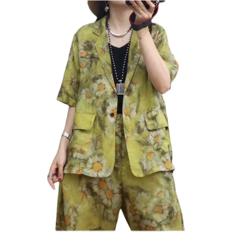 Linen Suit Women 2024 Summer Short Sleeve Korean Floral Printed Cotton And Linen Blazer Jacket + Harlan Pants 2 Piece Set H1115