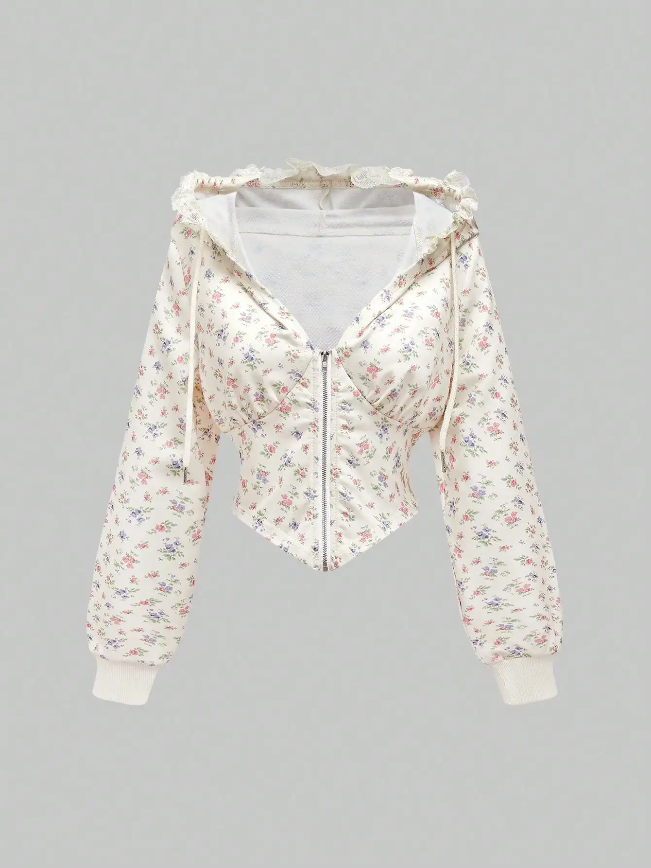 

Толстовка на молнии с цветочным принтом и кружевной отделкой, в стиле коттеджкор, для женщин