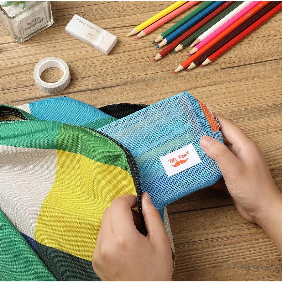氏 ペンメッシュペンケース ブルーメッシュジッパーポーチバッグ ジッパーポーチ付き 整理用 コスメティックバッグ 財布ポーチ