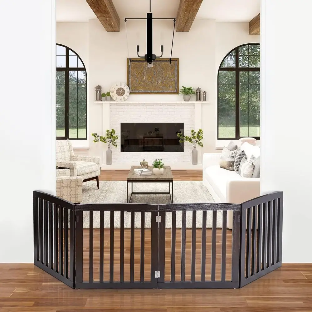 

24 Inch 4-Panel Retractable Indoor Dog Gate, Suitable for Stairs, Hallways, and Doorways, Wooden Safety Barrier, Brown
