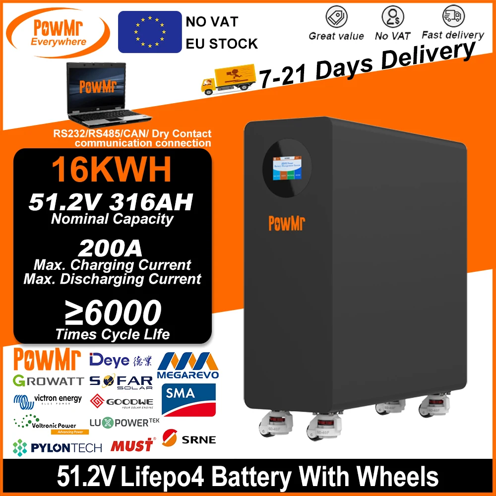 

Аккумулятор PowMr 48V LiFePO4 51.2V 316Ah 15KWH с 6000+ циклами заряда, элементы типа A, с поддержкой CAN RS485 BMS, возможность параллельного подключения до 16 штук, для домашнего использования, монтируемый в стойку.