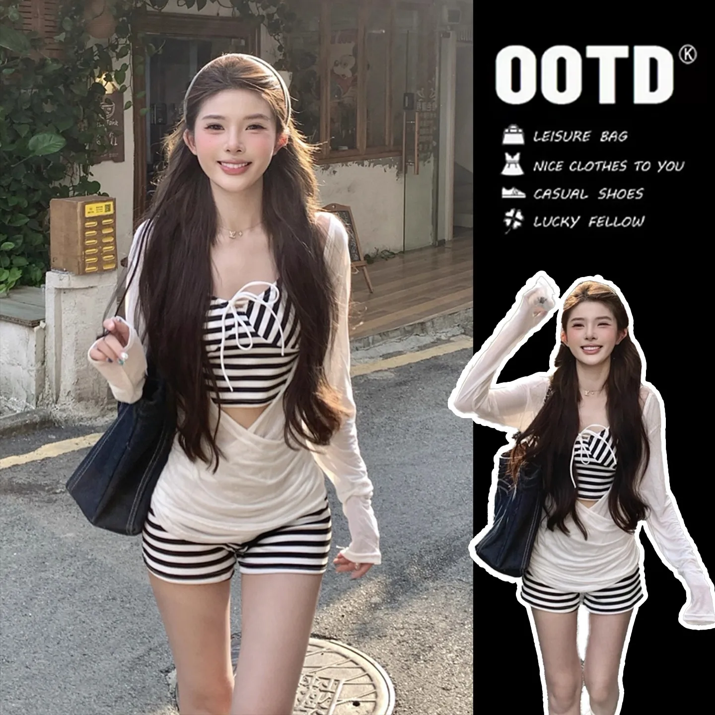 

Ladies' Two-Piece Swimsuit Slimming Stripe Beach Vaion Tee-Piece Set with Cover up Hot Spring Swimming Costume