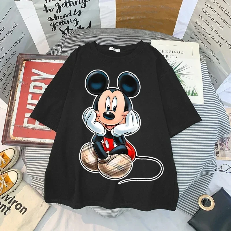 MINISO Fashion Vintage Women T-shirts Cartoon Mickey Minnie Kawaii Top Ulzzang Oversized Kids T-shirt Short Sleeves 90s Y2k