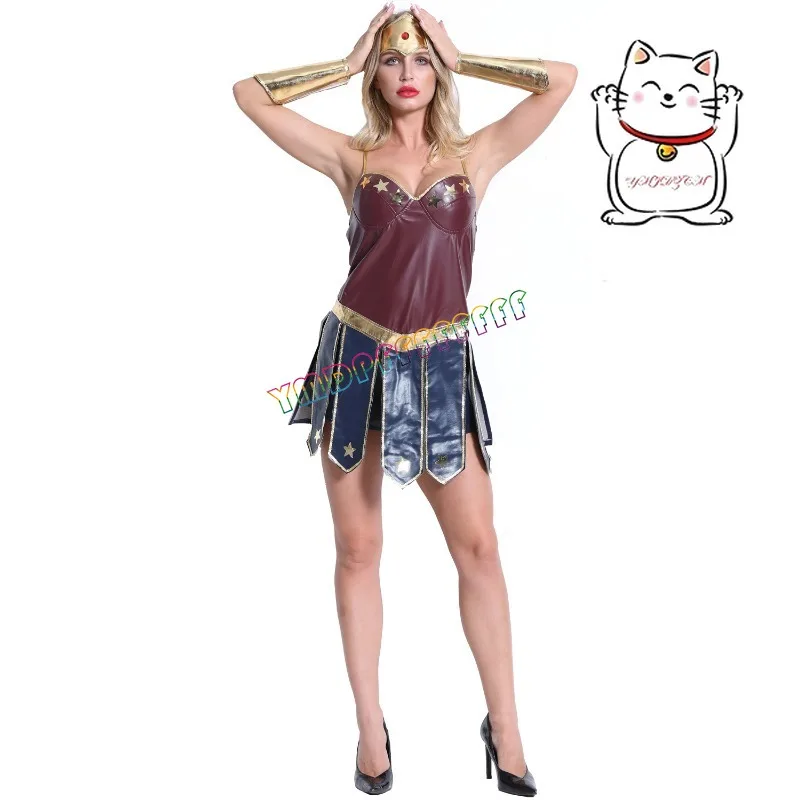 سترات نسائية من الجلد بتصميم الرسوم المتحركة، فساتين المصارعين النسائية المحاربين، أغطية الرأس، قفازات، أغطية القدم، خيارات متعددة للهالوين