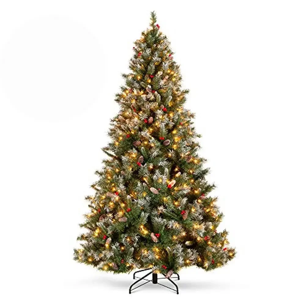 Pre-Lit Artificial Christmas Tree 6ft Frosted Pine w/ Berries Cones Incandescent Lights Assembly Stand Polyvinyl Chloride Metal