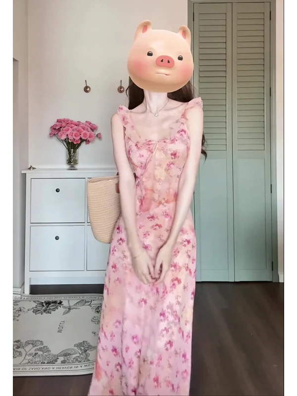 فساتين نسائية بدون أكمام من الحرير الربيعي الأزرق ومنظور شفاف من Ditsy بطبقات للنزهة والطبيعة الرعوية اللطيفة Y2K #1