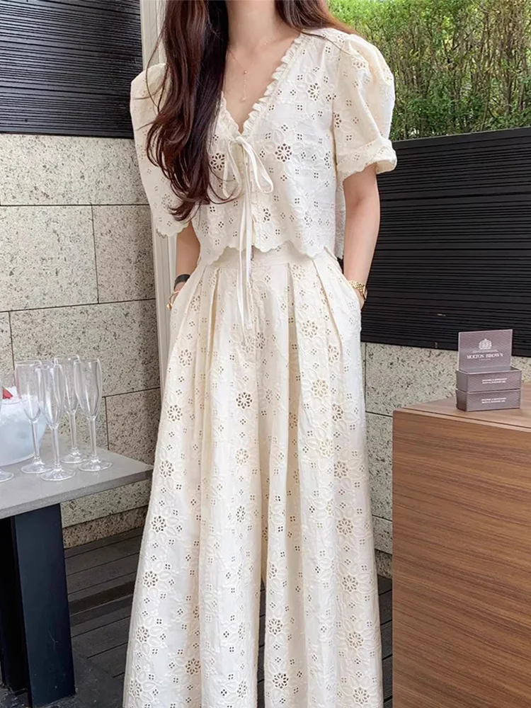 Elegant Summer Embroidered Lace Shirt Belted Wide Leg Pants Set Women's Fashion Ensemble Long Pants Stylish Court Style