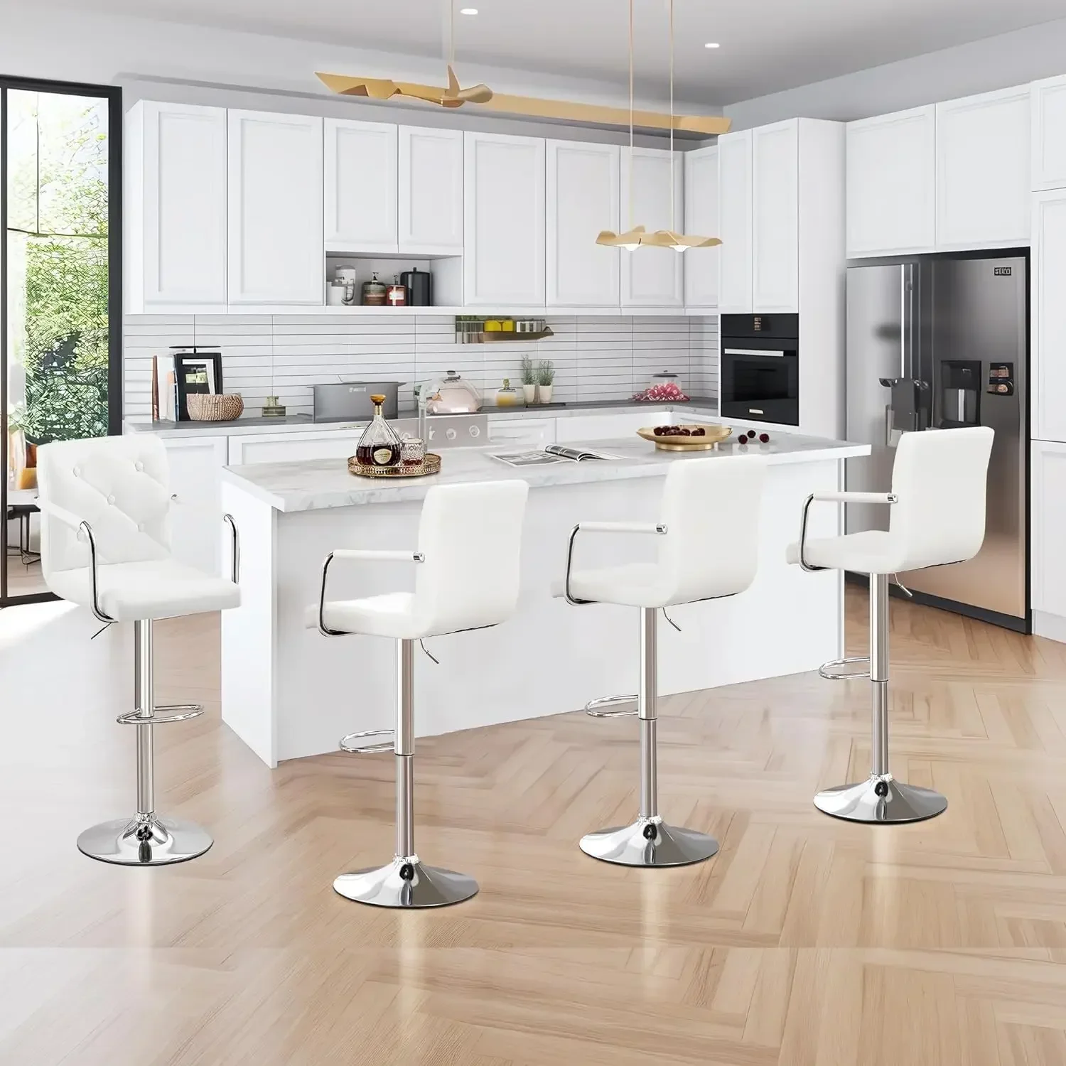 VECELO Bar Stools, Adjustable  Stools Set of 4, Counter Height stool with Back and Arms, , White