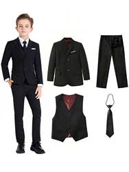 4pcs/set Boys' Suit Set With Pants, Vest, Tie And Jacket School Uniforms