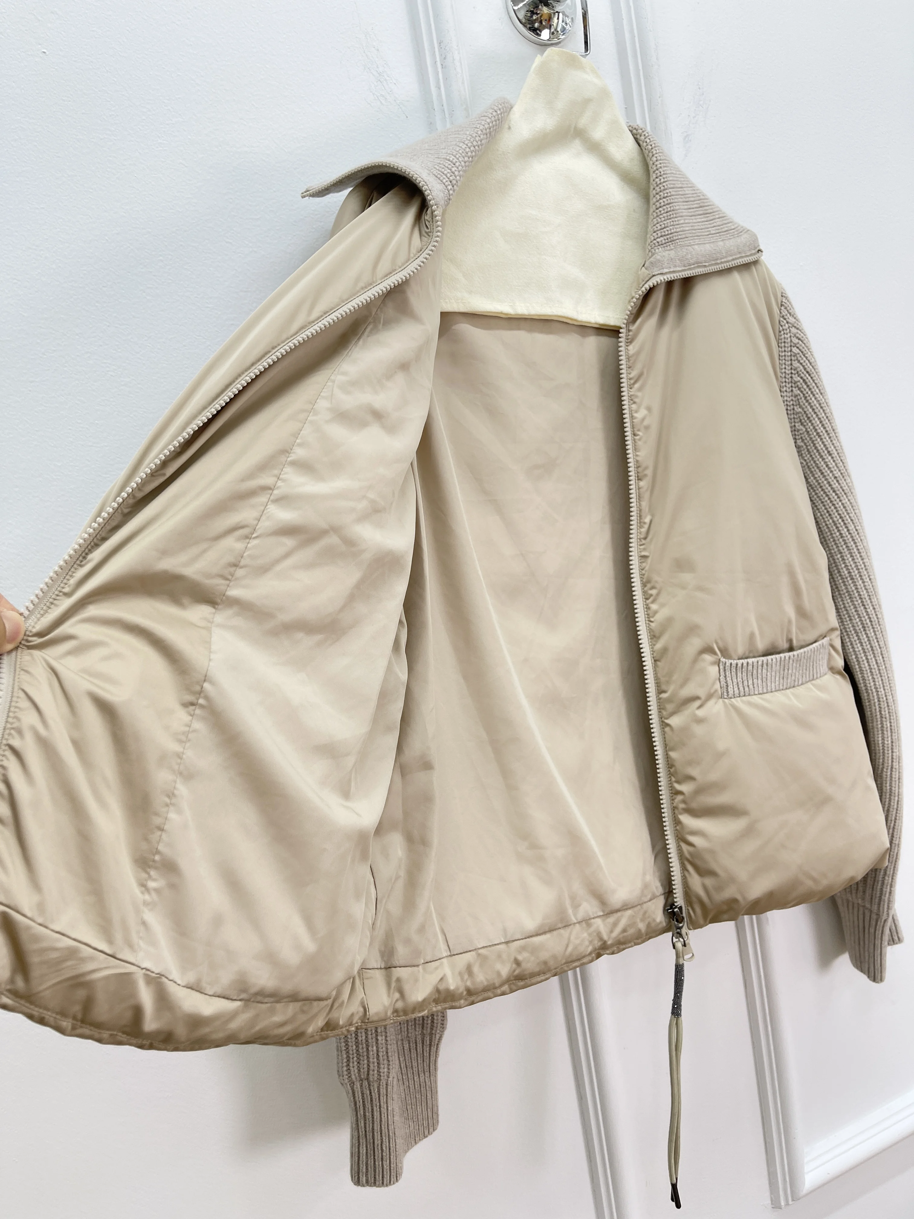 여성용 2025 가을 겨울 신상품 고품질 대형 라펠 지퍼 구스 다운 재킷 양모 혼합 소매 따뜻한 재킷