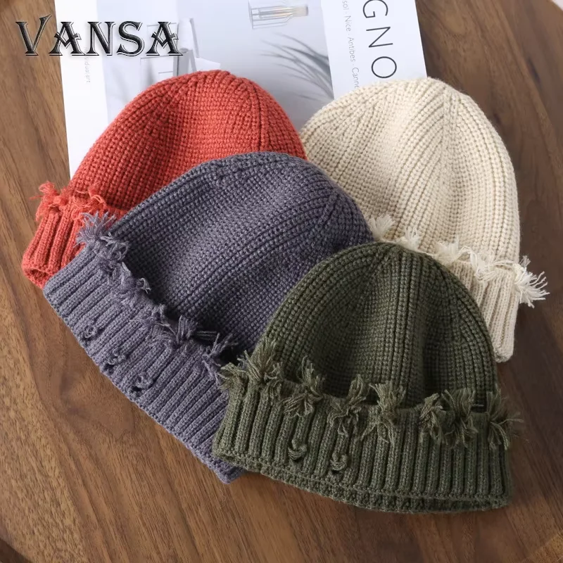 Men Hip Hop Harajuku Skullies Beanies Hats Ripped Holes Knitted Hats Plain 2024 Autumn Winter Soft Cotton Warm Caps