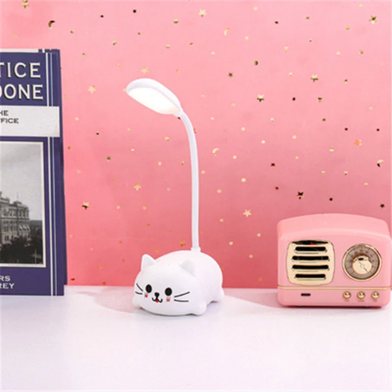 Lampu Led dekorasi meja kartun binatang kucing, lampu meja hangat pelindung mata meja malam Led isi ulang baterai Usb