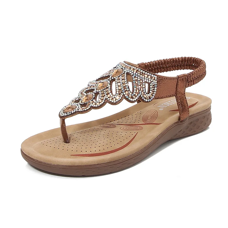 Rhinestone Decor Slingback Wedges Sandals Elastic Ankle Strap Casual Bohemian Beach Shoes Women Outdoor Sandals