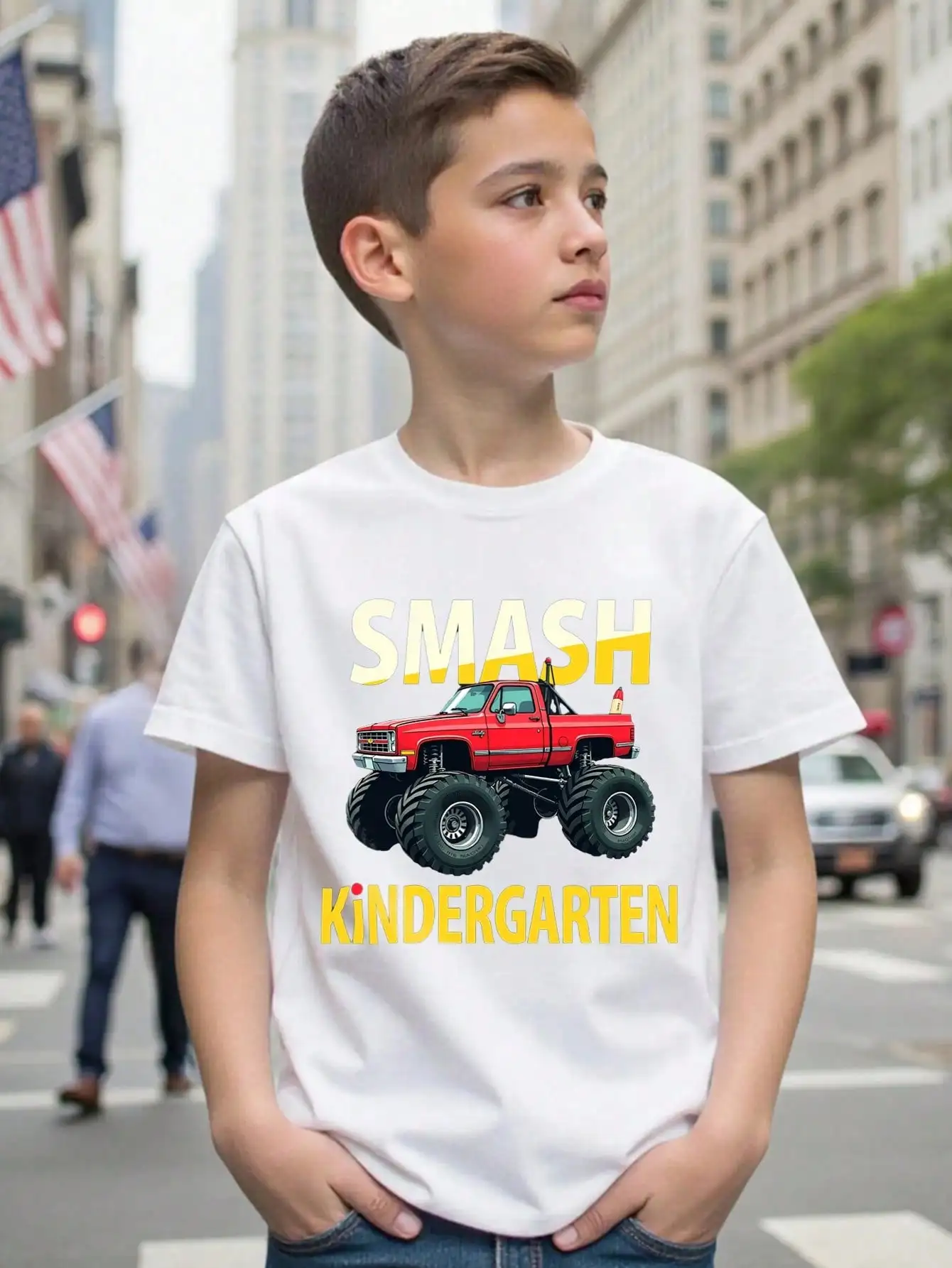

Boys/Girls Monster Truck Back To School Cotton Graphic Tees, Black Casual Summer Tops With Bold Graphics