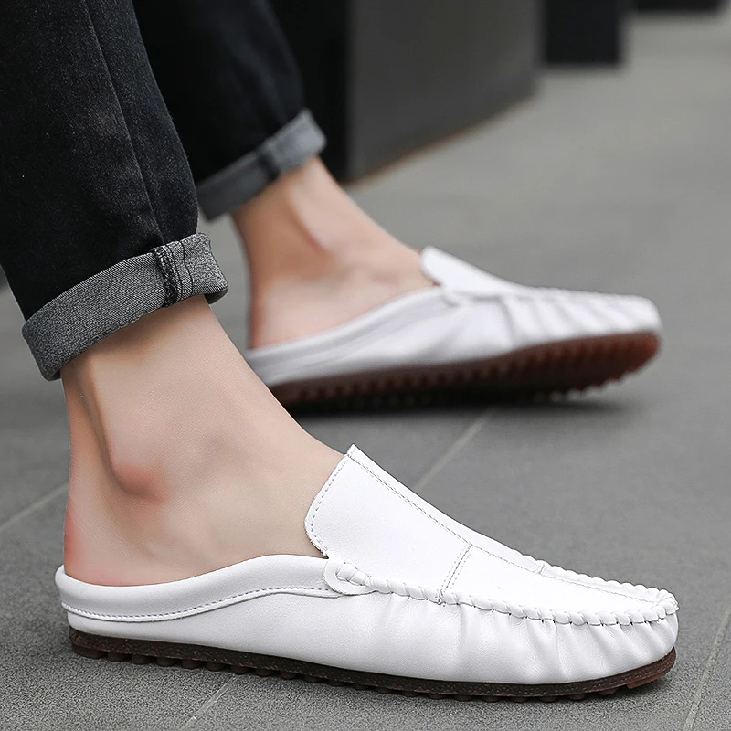 Summer Semi Drag Casual Shoes Mules Sandals Men Loafers Slippers Peas Shoes Slip On Flats Man Slides Easy To Put On And Take Off