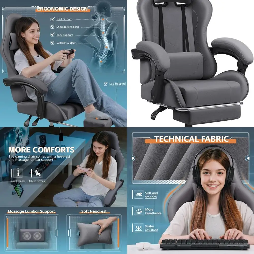 

Эргономичное игровое кресло из ткани с массажем поясницы, регулируемой подставкой для ног и подголовником, серое