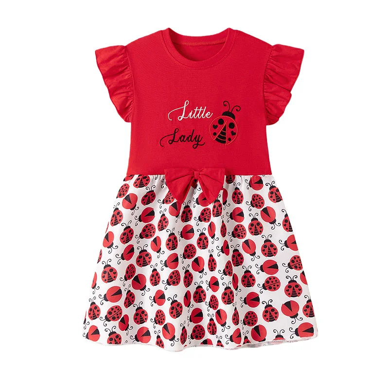 Short Sleeve Girls Dresses 2-7T Ladybug Embroidery Summer Princess Sleeveless Party Birthday Kids Frocks Lovely Children's Dress