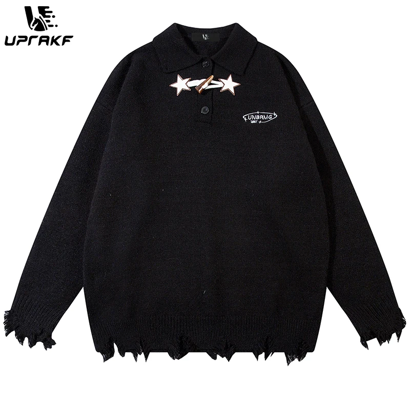 

UPRAKF Star Sweater Loose All-Match Pullover Winter Tops Lapel Solid Knit Autumn Fashion Streetwear