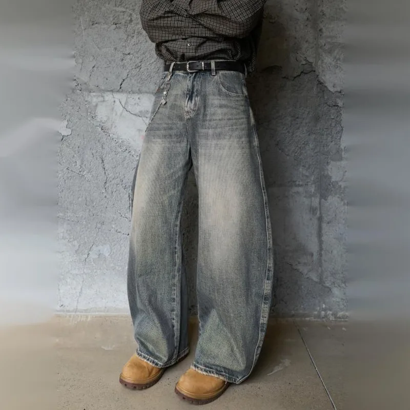 HKSH Spring Autumn Men Tide Chic Ins American Retro Jeans Washed Retro Cat Whiskers Baggy Trendy Silhouette Denim Pants HK19273