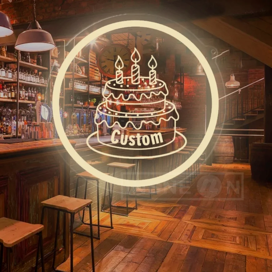 Customizable Cake Neon Light Personalized Gift USB LED Ambiance Lamp Bedroom Living Room Warm Glow Wall-Mounted Birthday Decor