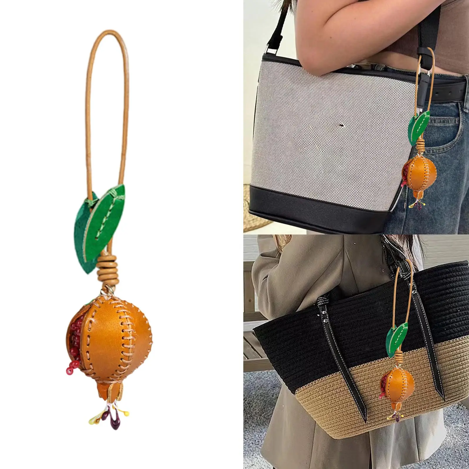 Handcrafted Leather Pomegranate Bag Charm Cute Fruit Purse Pendant Vegetable Tanned Cowhide Tote Accessory With Resin Seeds Gift