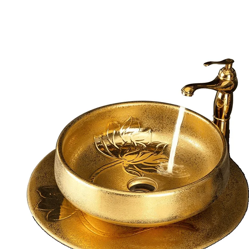 

European luxury gold column basin, bathroom integrated wash basin, floor-to-ceiling ceramic