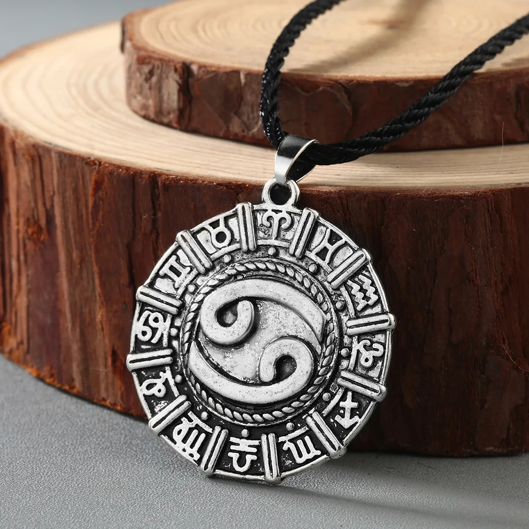 Fashionable Twelve Zodiac Signs Cancer Pendant Leather Rope Chain Necklace Men and Women Retro Trendy Lucky Jewelry