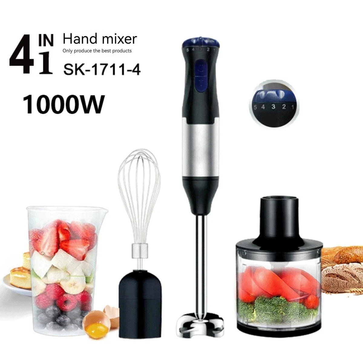 1000W 4-in-1 Elektrischer Stabmixer, Handmixer mit Edelstahlklinge, Fleisch- und Gemüsezerkleinerer, Eier- und Saftbereiter-Set