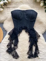 SINGREINY Lace Splice Denim Tops Female Strapless Sleeveless Elastic Slim Fit Camsiole Summer Streetwear Irregular Tank Tops - Image 4