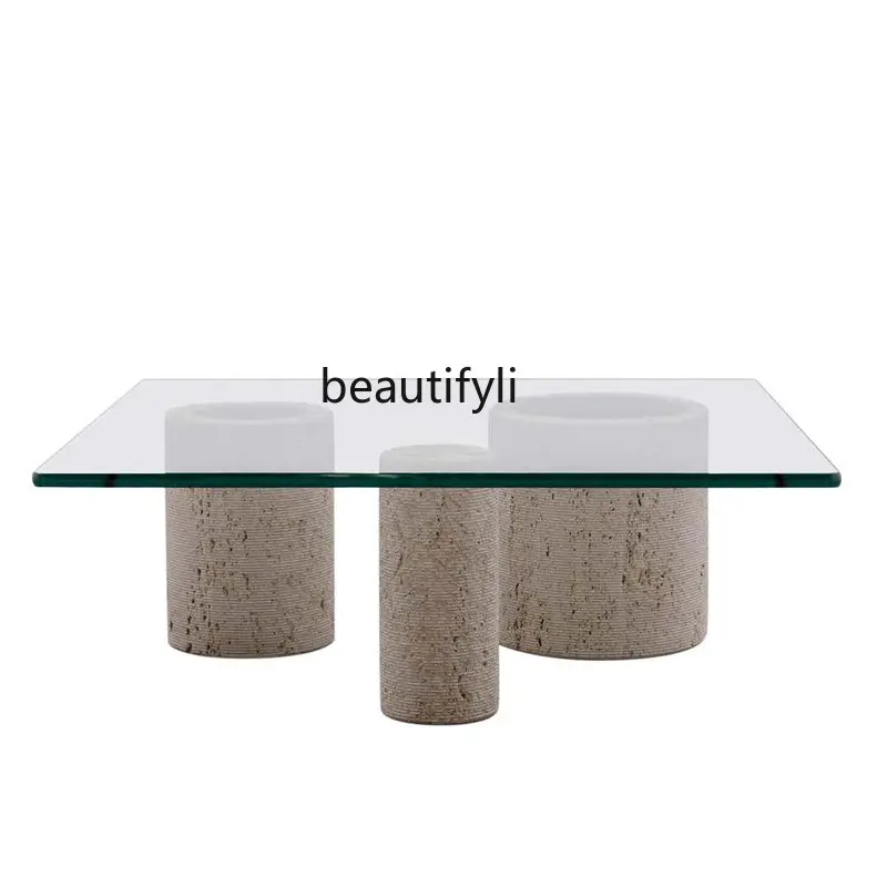 European Style Natural Cave Stone Coffee Table Light Luxury Living Room Tempered Glass Square Tea Table Coffee Table