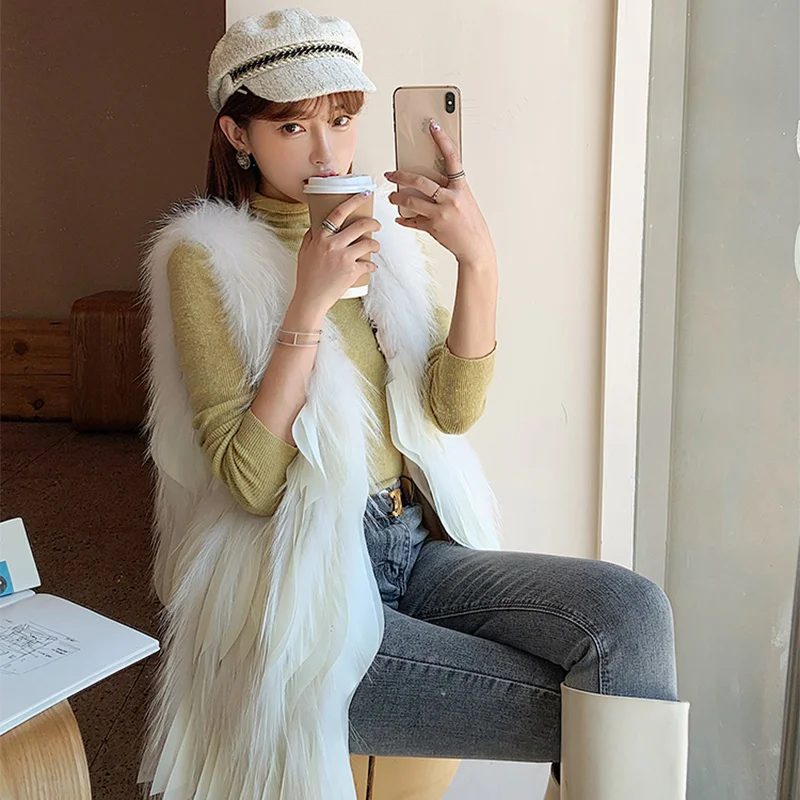 Vest Raccoon Dog Fur Women's Korean Slim Fit Casual Medium and Long Chiffon Ruffles Splicing Coat Sleeveless Real Fur Jacket