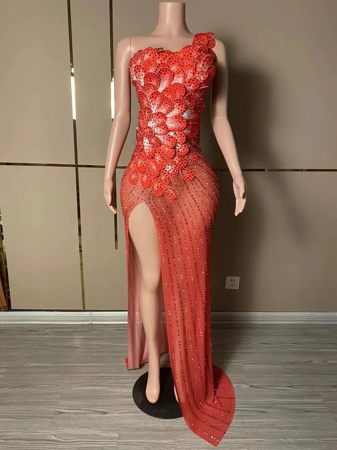 

Sexy Pink Rhinetones Flowers Sleeveless Dress Birthday Evening Celebrate Costume Dance Party Evening Photoshoot Dresses