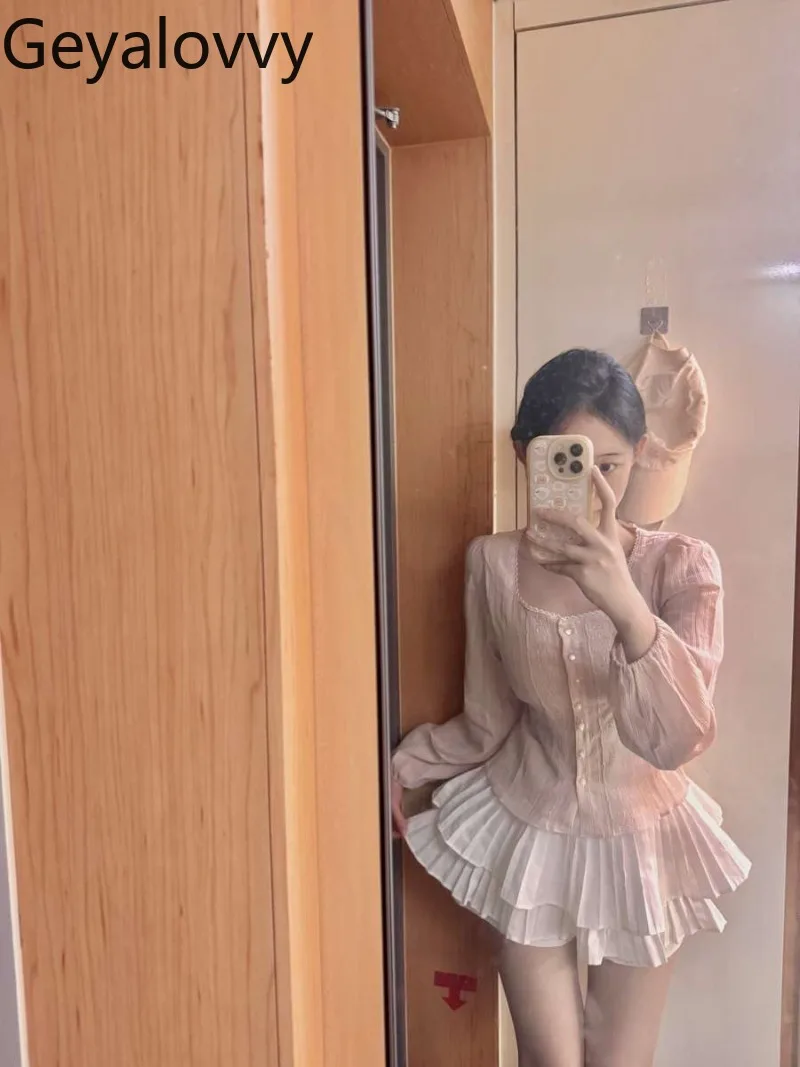 Koreański Niszowy Design Wiosna i Jesień Nowa Różowa Słodka Dziewczęca Delikatna Bluzka z Perłowymi Guzikami Haftowana Wyszczuplająca Koszula z Długim Rękawem