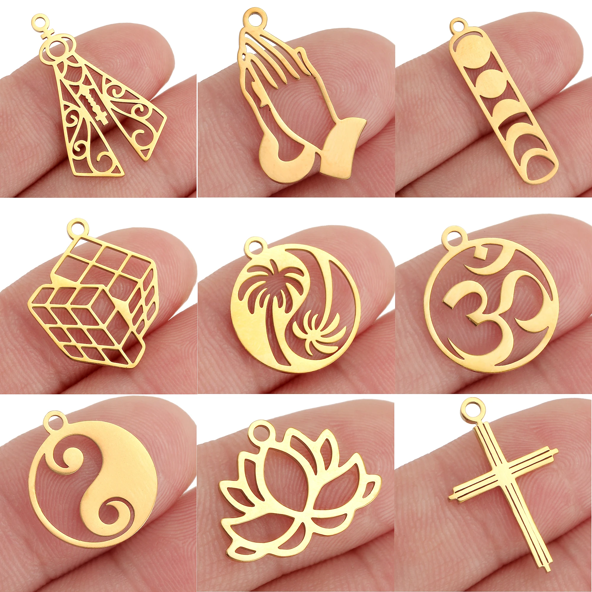 5Pcs Yoga OM/Lotus Flower/Moon Phase Charm Stainless Steel Tai Chi Tree/Cross Necklace Bracelet Craft Pendant DIY Jewelry Making