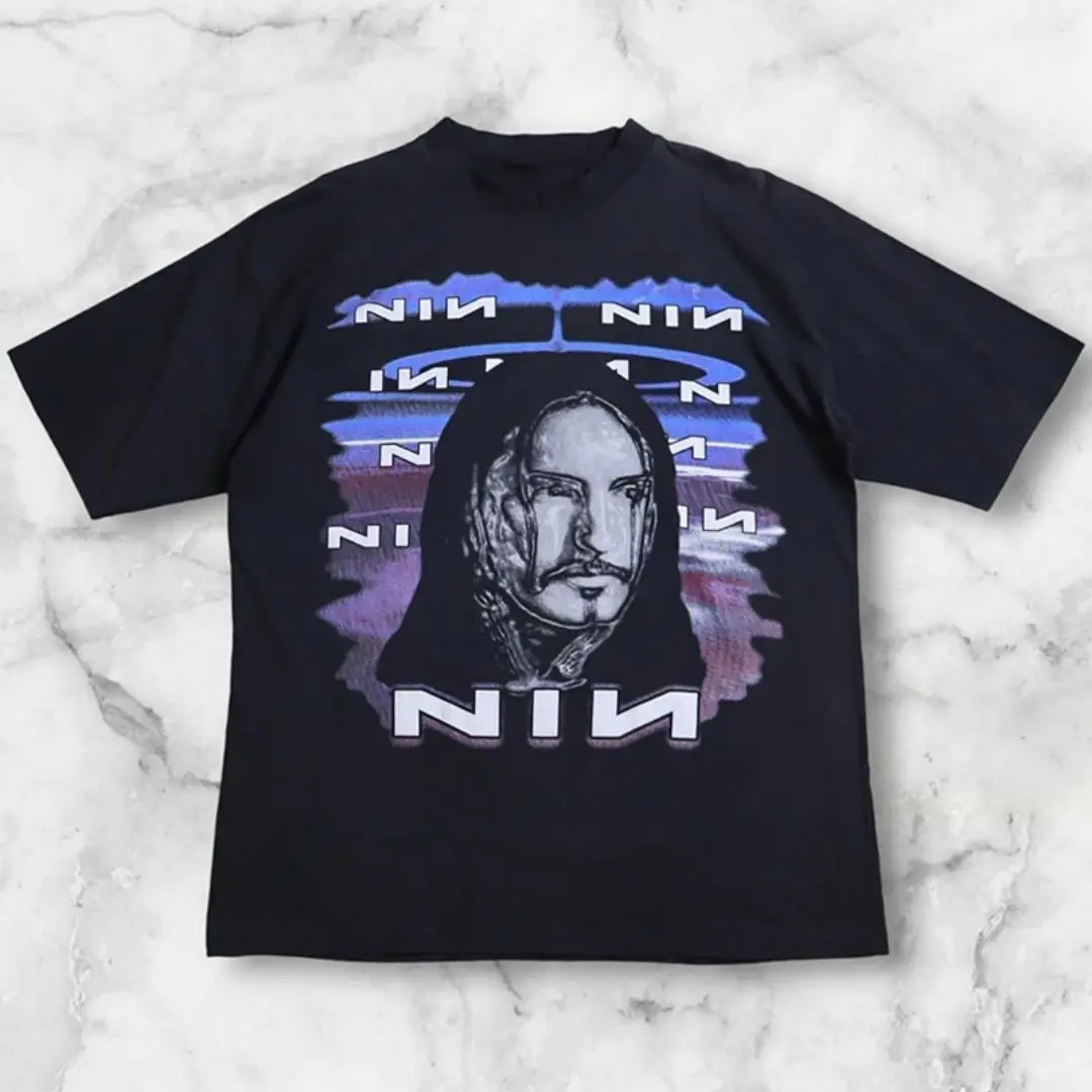 Camiseta de manga corta Nine Inch Nails Rock Band, retrato Retro americano de hip hop, tendencia de media manga