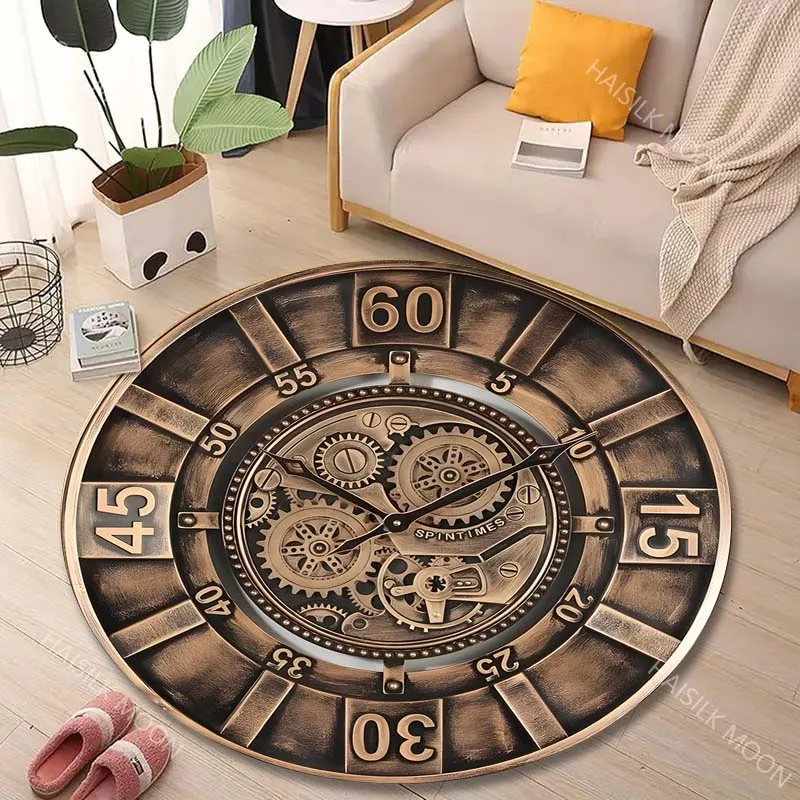 1PC Vintage gear wall clock face Print Round Carpet for Living Room Bedroom Sofa Table Floor Mat Area Rug Luxury Gift