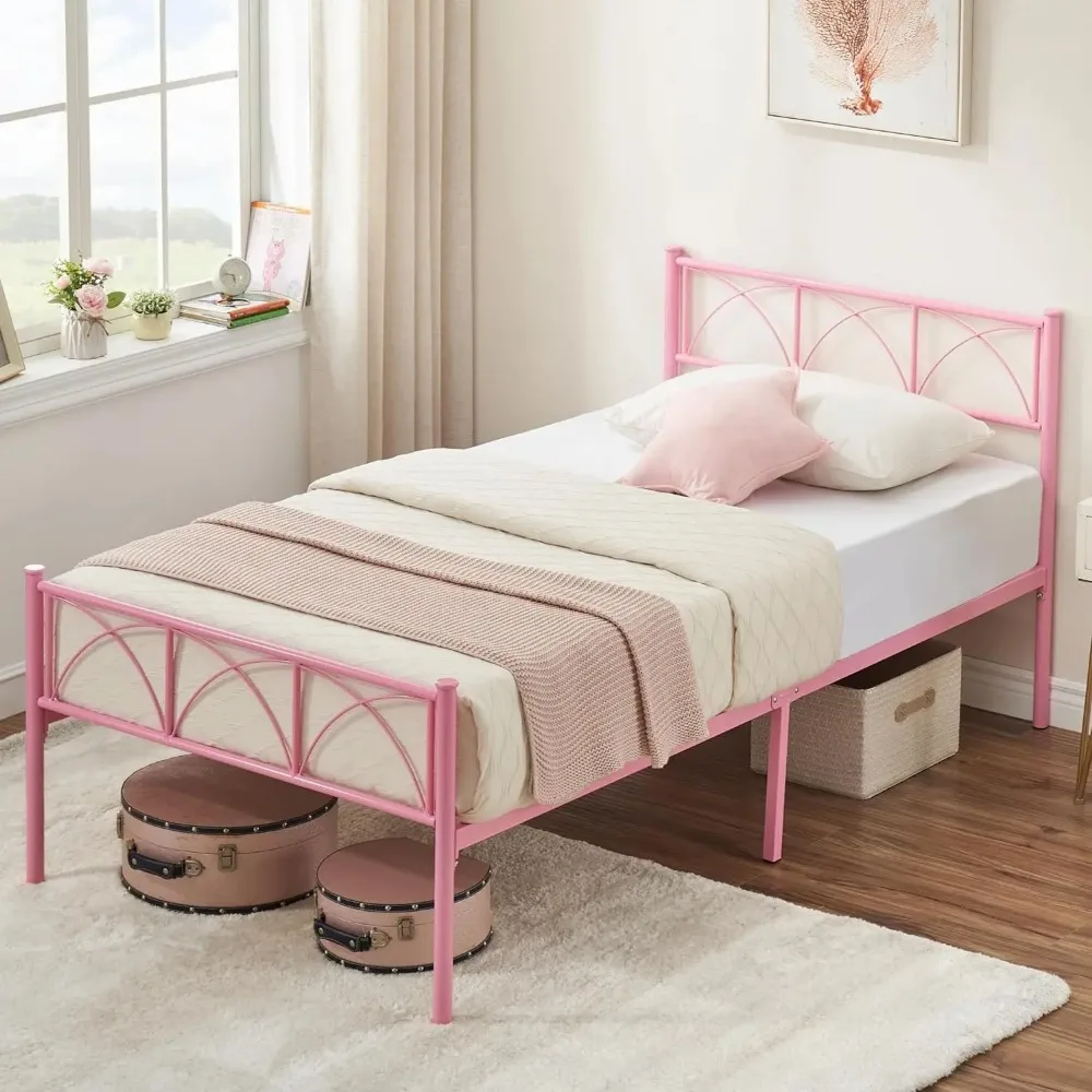 Estrutura de Cama com Cabeceira e Estribo, Móveis de Montagem Simples, Sem Mola Caixa Necessária, Rosa e Twin, 12,2 polegadas