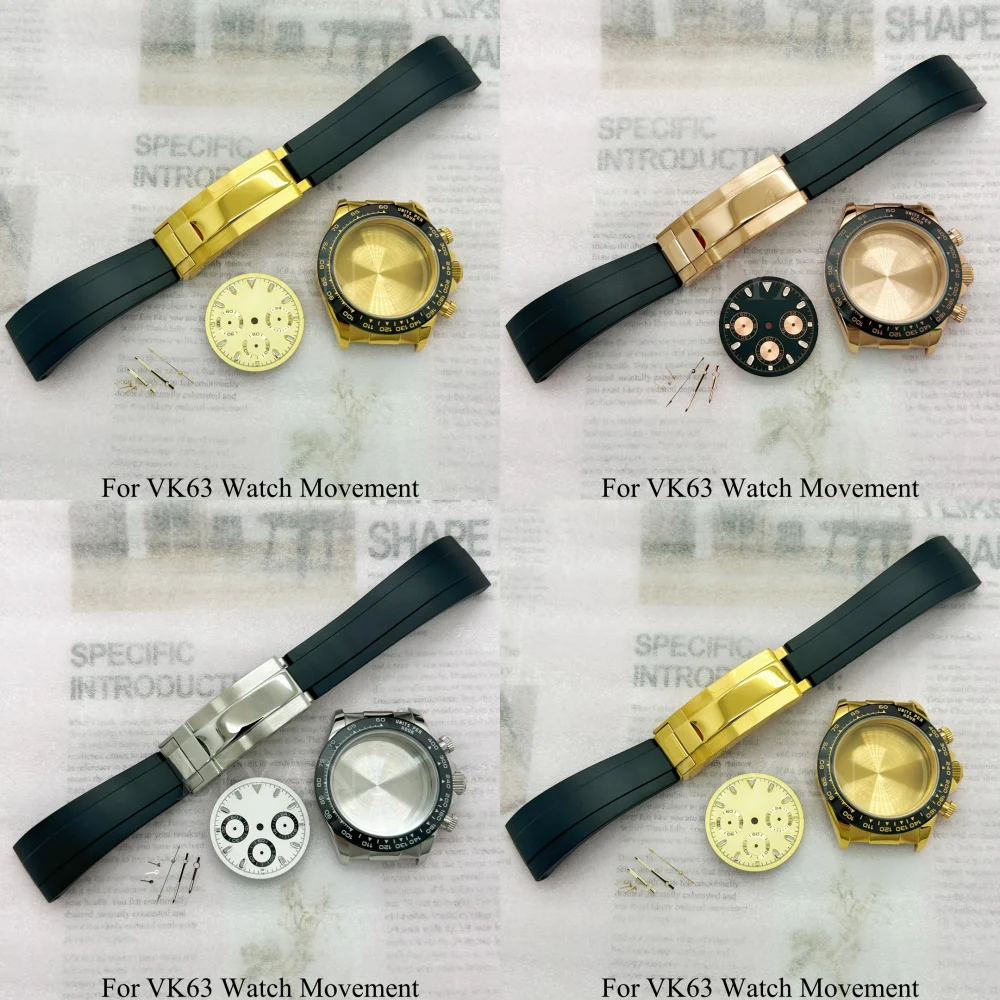 

39mm Sapphire Watch Case for Daytona VK63 Quartz Movement Watch Parts Fits 20mm Strap with Blue Green Luminous Watch Hands Dial