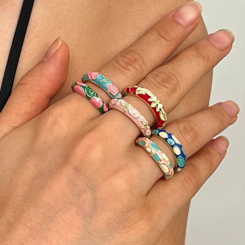 Minimalist Chinese Style Drip Oil Ring Vintage Ethnic Enamel Statement Ring Colorful Adjustable Floral Pattern Ring Daily Wear