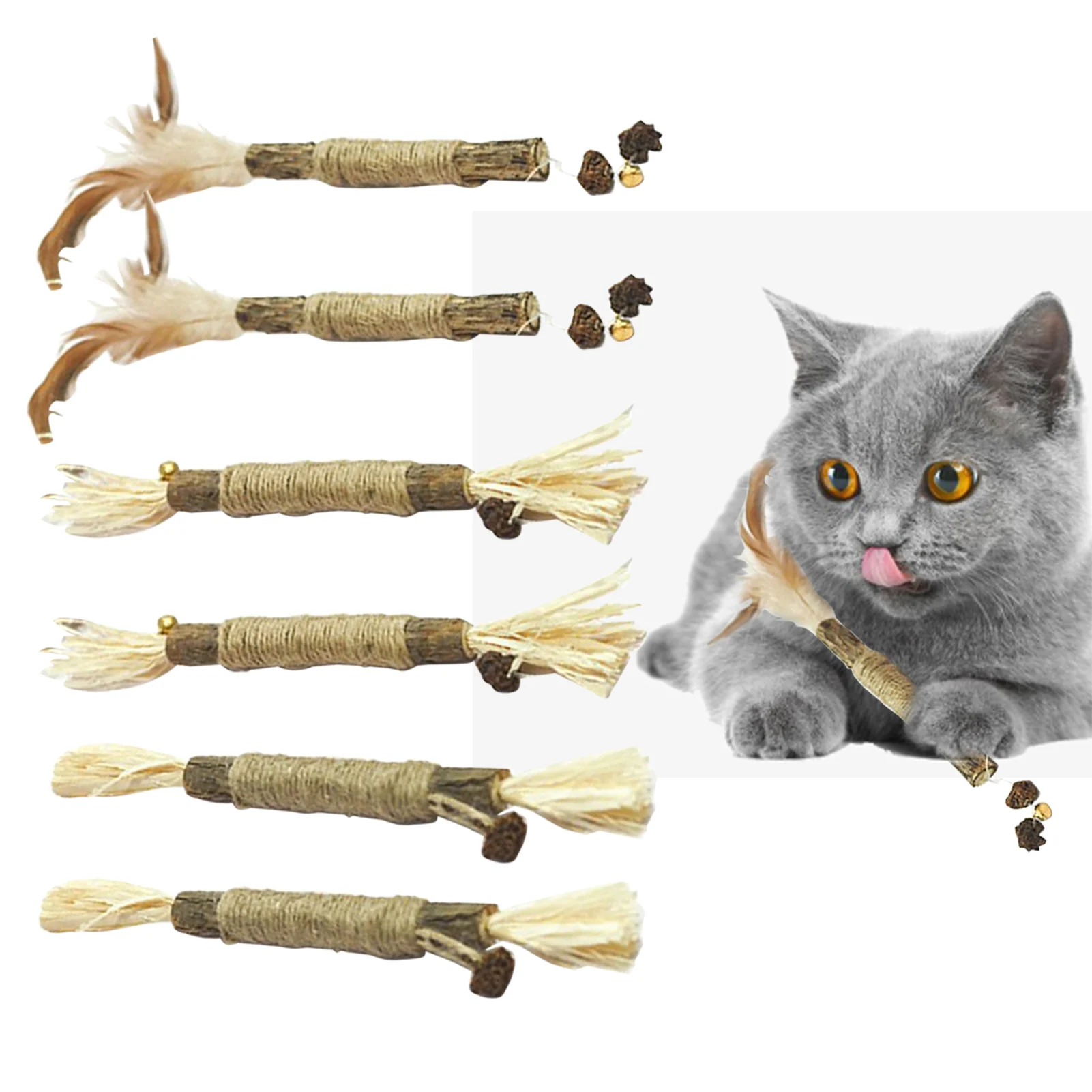 6PCS Natural Catnip Cat Molar Toothpaste Stick with Hemp Rope Cat Stick Insect Gall Fruit Stick and Mutian Polygonum Bites Stick