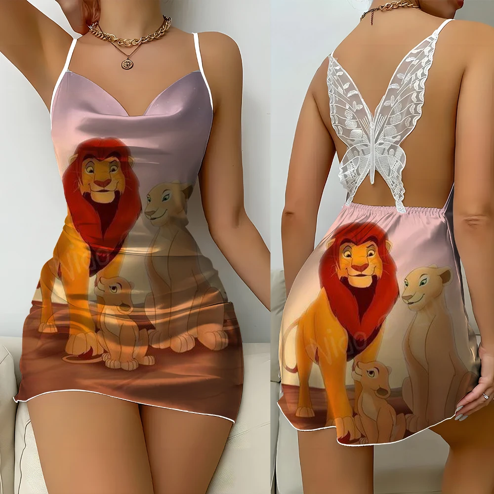 

Summer fashion trend sexy women nightdress dress suspender Simba Lion King print lace butterfly backless dress