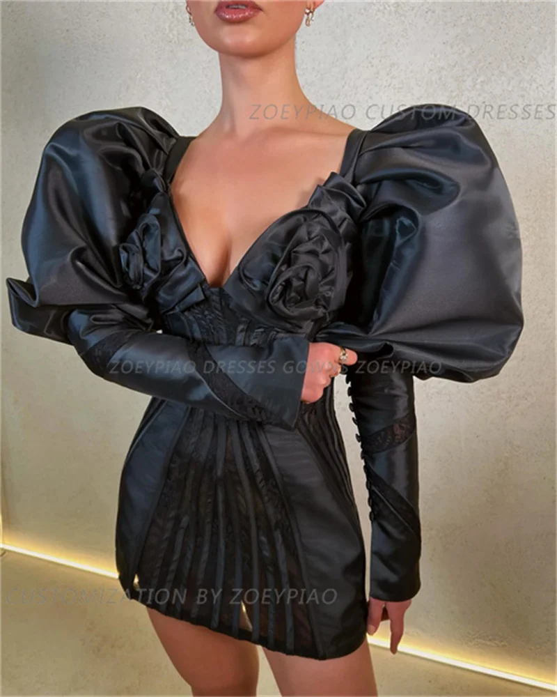 Luxury Black Sheath Short Evening dress Sexy Mini Satin Full Sleeves Skirt V Neck Cocktail Formal Event Occasion Party dress