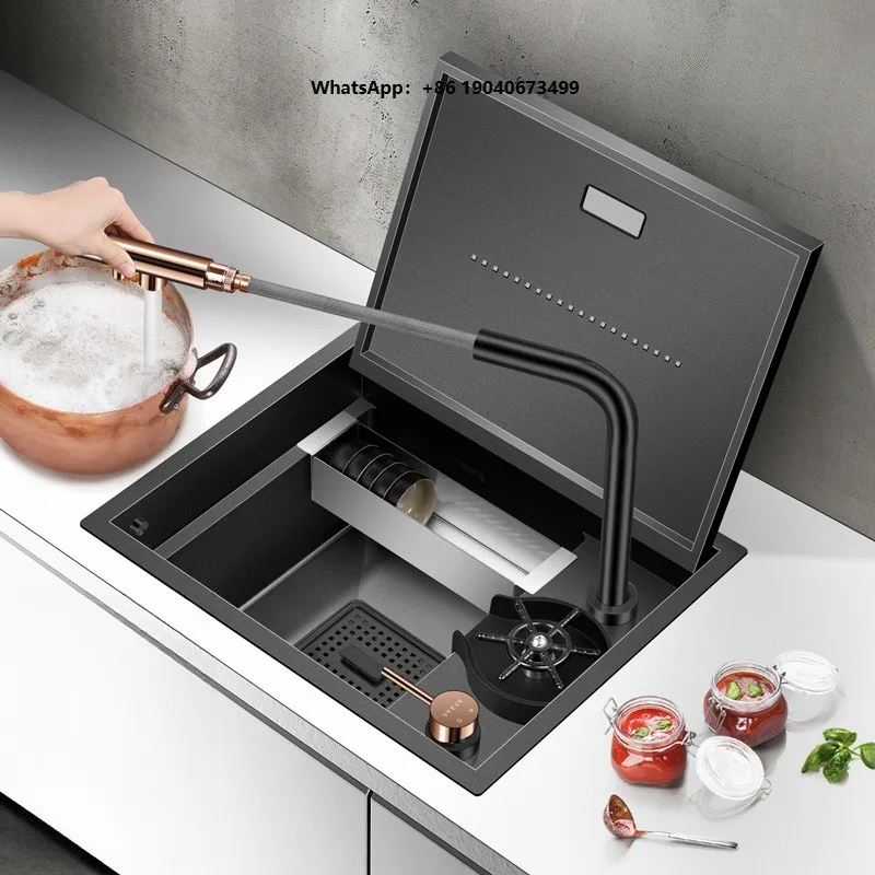 SUS304 Model 4738NX Black Nano Hidden Small Single Handmade Kitchen Sink With Cup Washer p002