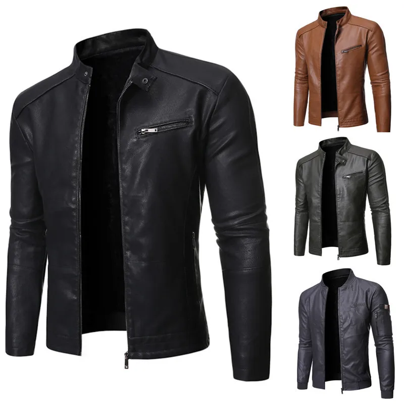 

2024Autumn and Winter New Men's Biker's Leather Jacket Coat Stand Collar Fashion Men's Washed Leather Coat Men