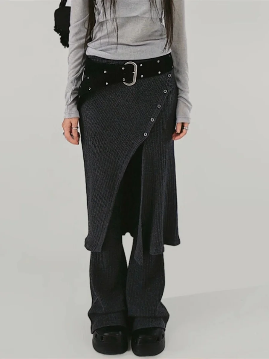 

Street Sle Knitted Casual High Waist Bicolor f-length Skirt Pants Two-piece Set Simple Commute Korean Version Loose Fit