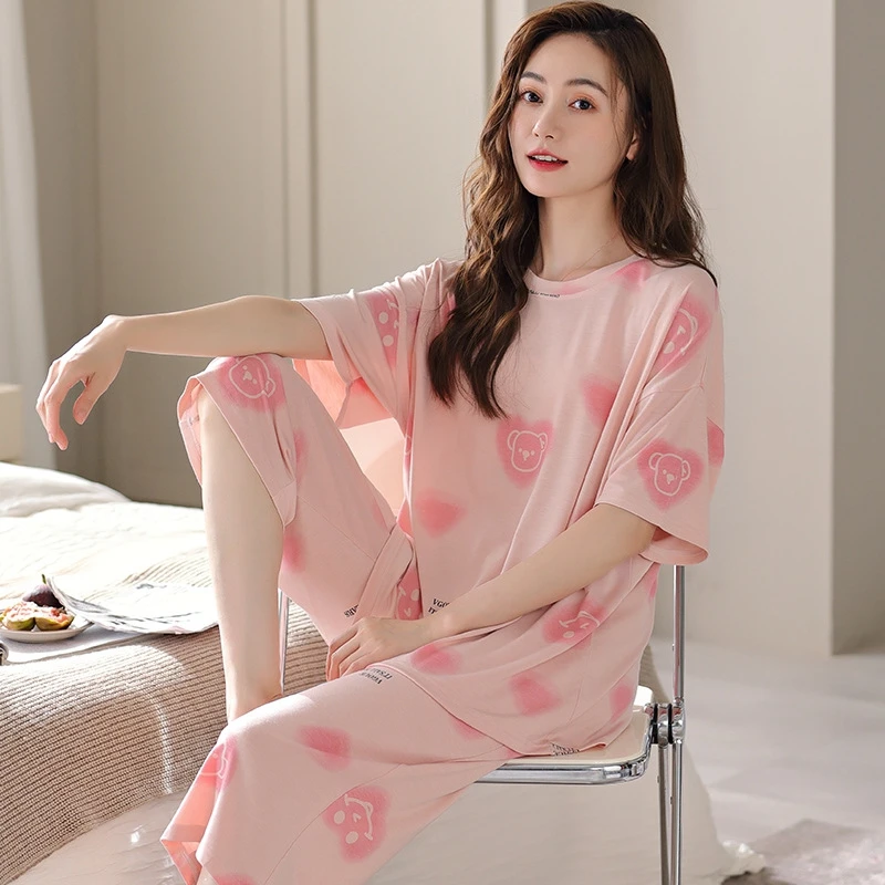 

Cozy Floral Print Pajama Set Short Sleeve Top And Pants Breathable Fresh Style Fit Ladies' Sleepwear Homewear Summer Fashion Pjs