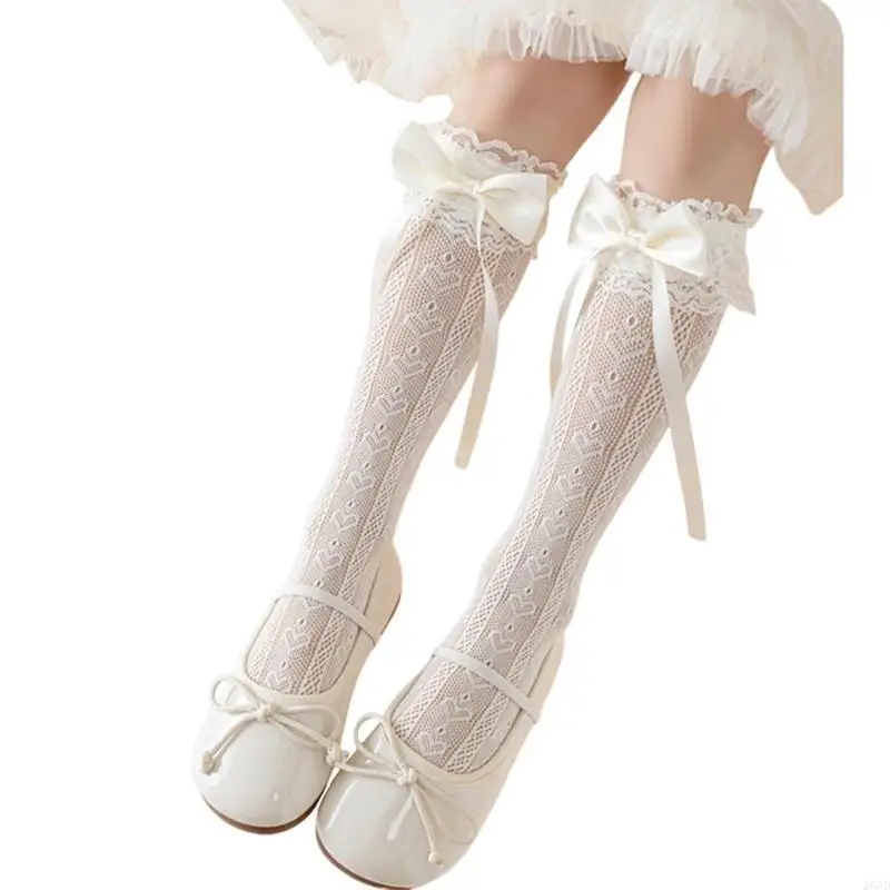 R66D Girls Knee Socks Bowknot Ribbon Socks Stockings for Girl Student 3-16 Year