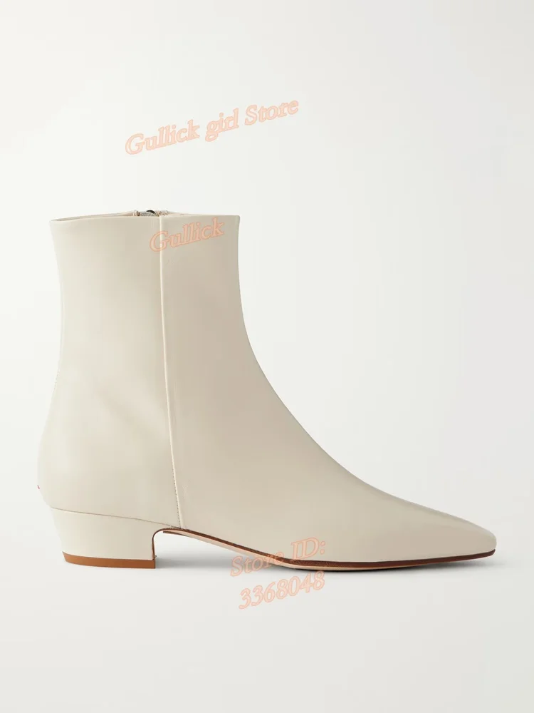 White Leather Ankle Booties Block Low Heel Zipper Small Square Toe Handmade 2026 New Arrivals Fashion Dress Shoes